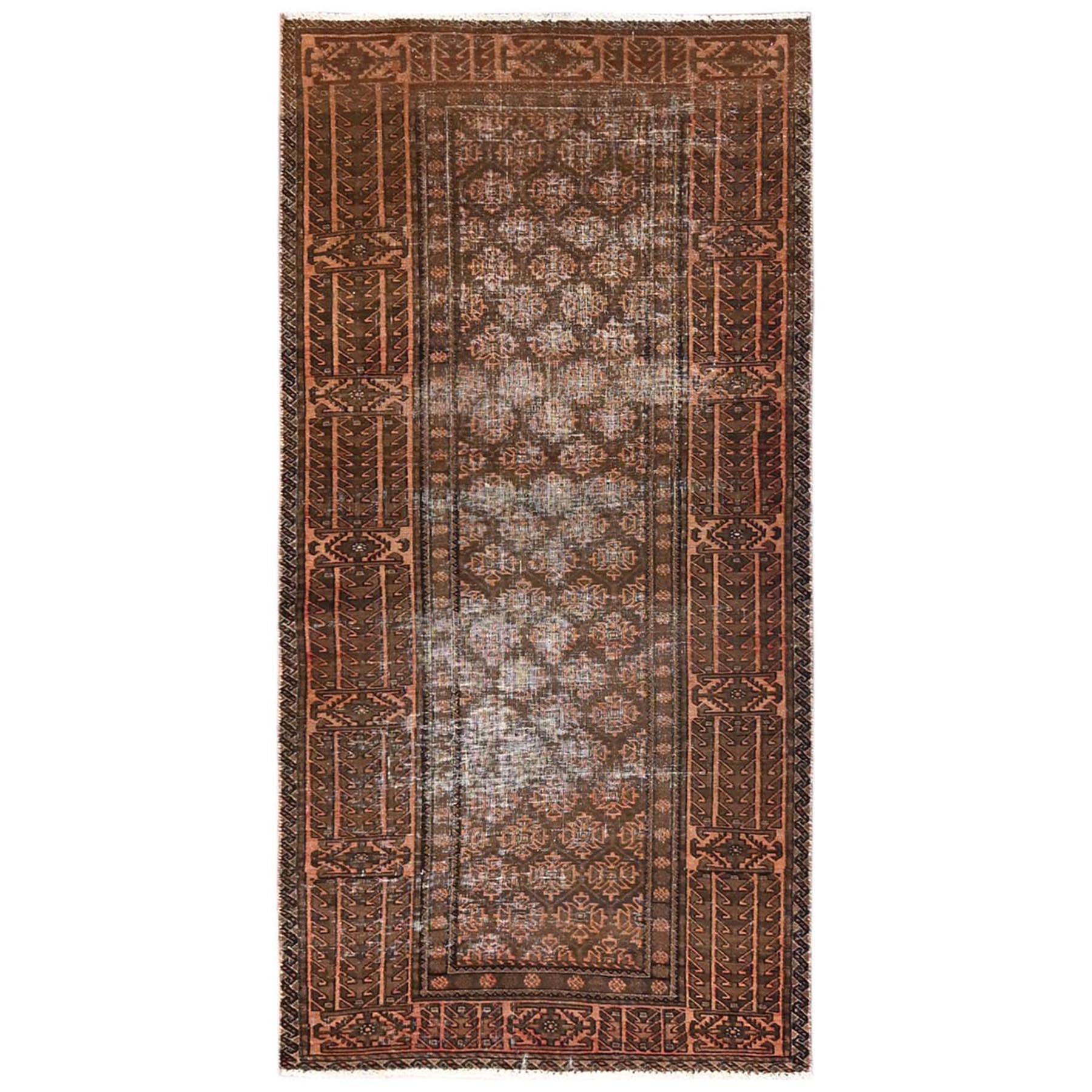 3'1"x6'6" Chocolate Brown, Vintage Persian Baluch with All Over Design, Worn Down and Distressed, 100% Wool, Hand Knotted, Zero Pile, Sides and Ends Professionally Secured, Wide Runner, Oriental Rug 